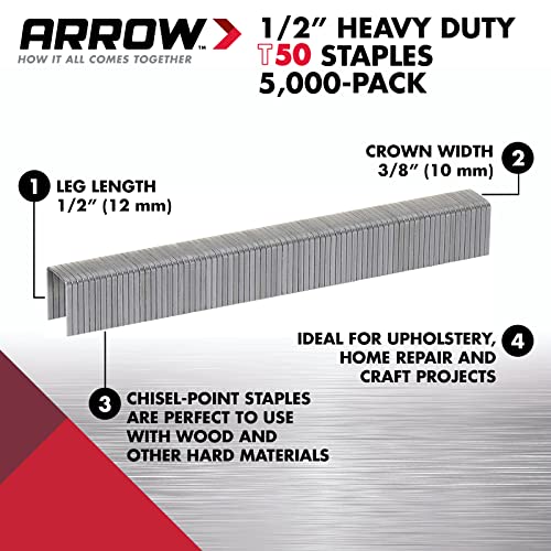Image of Arrow 508IP Heavy Duty T50 1 /2-Inch Staples for Upholstery, Construction, Furniture, Crafts, 5000-Pack