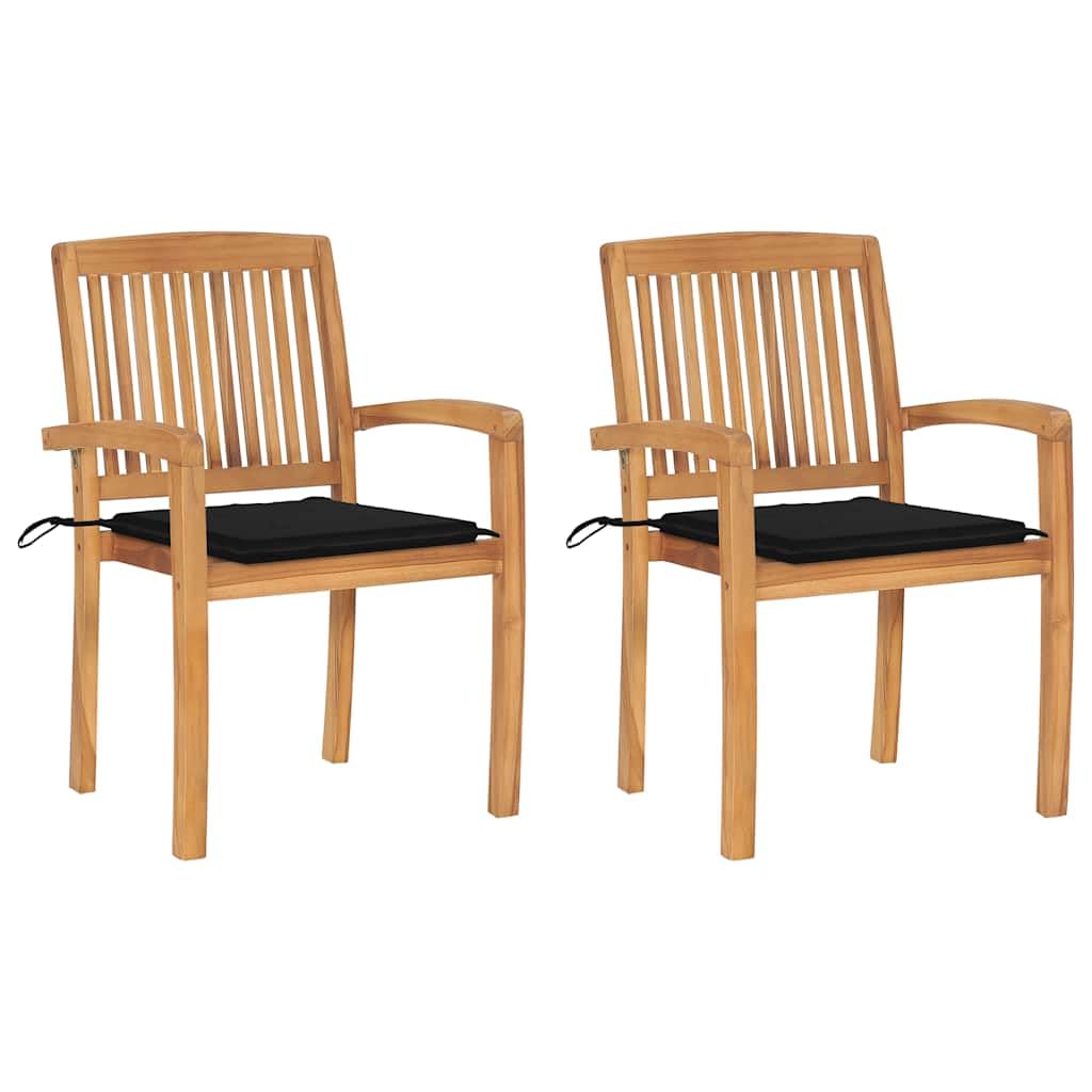 Chaise de jardin en teck massif lot de 2 avec coussins noirs empilables et accoudoirs