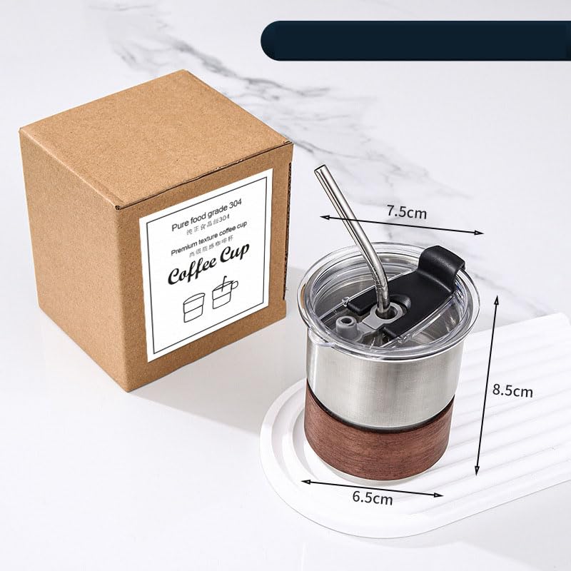 Avastro 300ml Coffee Cup Set with Lid, Stainless Steel Coffee Cups with Straws, Reusable & Stackable Stainless Steel Cup for Coffee, Tea, Milk (Set of 1 with Handle) Pack of 1 2