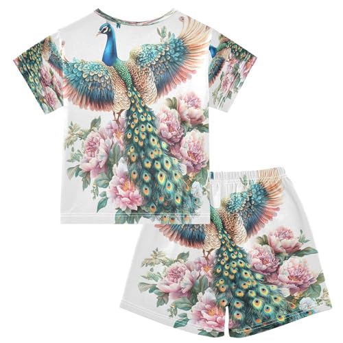 ALAZA Beautiful Flower Peacock Bird Pajamas Set Short Sleeve Cotton Sleepwear Summer Pjs 2 Piece 5-14Y2