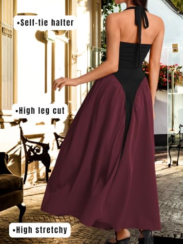 Image of ChiaoLezhee Deep V Neck Dress, Halter Maxi Dresses, Vacation Date Night, Sexy for Women Corset Flowy Wedding Guest Drop Waist