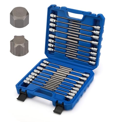 Mayouko 32PCS 3/8 Dr. Extra Long Hex and Torx Bit Socket Set T10-T60 1/8-7/16 3-12mm S2&CR-V Steel 150mm/5.9 Length SAE&Metric Long Allen Bit Socket Set