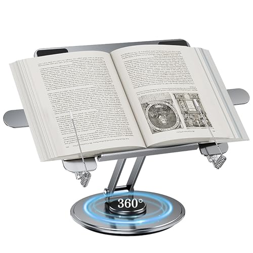 Holzsammlung Atril Para Libros con Clips para Leer, Soporte de Libro para Lectura, Tablet Soporte de para Portátil con Base Giratoria de 360°, 180° Ángulo Ajustable Soporte para iPads, Tablet, Recetas