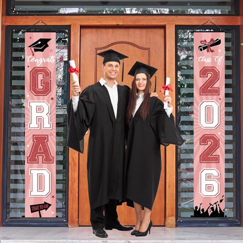 Image of Graduation Banner 2026 Pink Graduation Decorations Grad Banner Porch Sign Class of 2026 Door Decor Congrats Hanging Backdrop Pink Gold White Grad Party Decor for School Congratulations Supplies