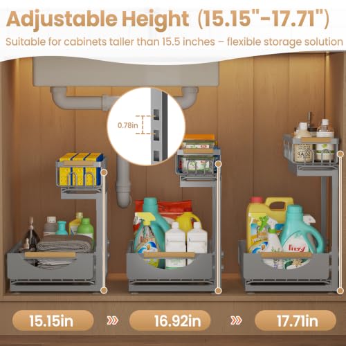 Image of Under Sink Organizer and Storage for Bathroom and Kitchen - 2 Pack 2 Tier | Cabinet Pull Out Shelf Organizers - Slide Out Drawer Organization for Home Cabinets Shelves and Drawers
