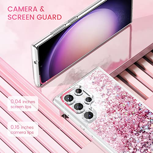 Caka [1+5] For Galaxy S23 Ultra Case Glitter With Camera Lens Protector For Women Girls Girly Bling Sparkle Quicksand Phone Case For Samsung Galaxy S23 Ultra 6.8 Inch 2023 - Clear Rose Gold #TOP7