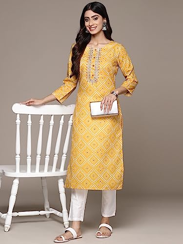 Image of ishin Women's Silk Ethnic Motifs Mustard Straight Kurta