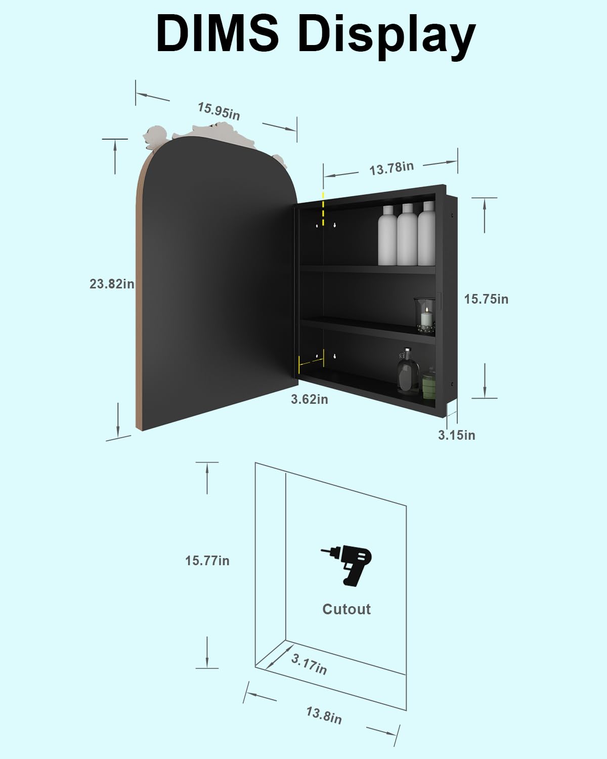16x24 Inch Recessed or Surface Mount Medicine Cabinet Mirror with Vintage Bronze Carving & Hand-Painted Aluminum Frame, All-Metal Construction, 2 Shelves, Arched Mirror for Bathroom, Entryway, Hallway