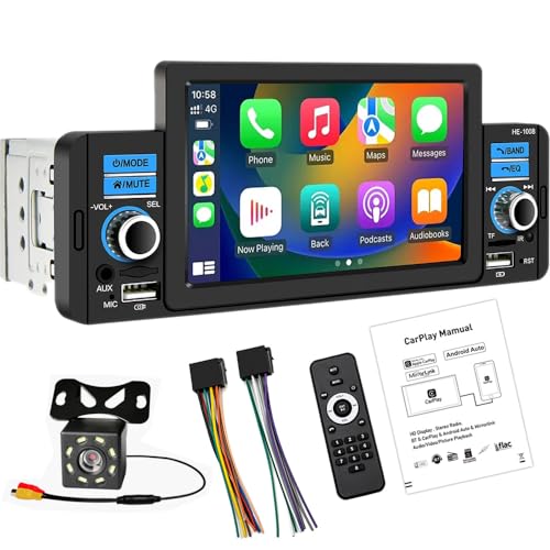 1 DIN Apple CarPlayer Android Auto Stereo Media Receiver 5' Pantalla táctil Radio de Coche con Soporte Bluetooth Manos Libres Llamadas FM SWC USB AUX Mirror Link + 8 LED Cámara de Respaldo