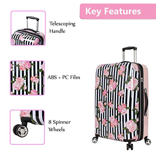 Betsey Johnson 26 Inch Checked Luggage Collection - Expandable Scratch Resistant (ABS + PC) Hardside Suitcase - Designer Lightweight Bag with 8-Rolling Spinner Wheels (Stripe Roses)2