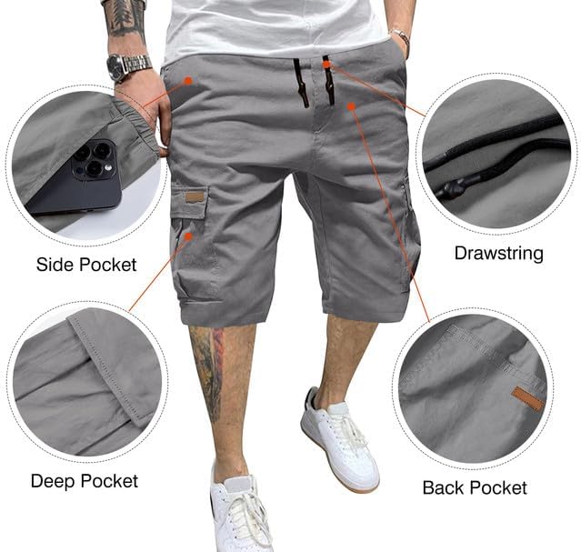JMIERR Mens Casual Cotton Twill Cargo Shorts Drawstring Classic Chino Stretch Short with 6 Pockets - Image 8