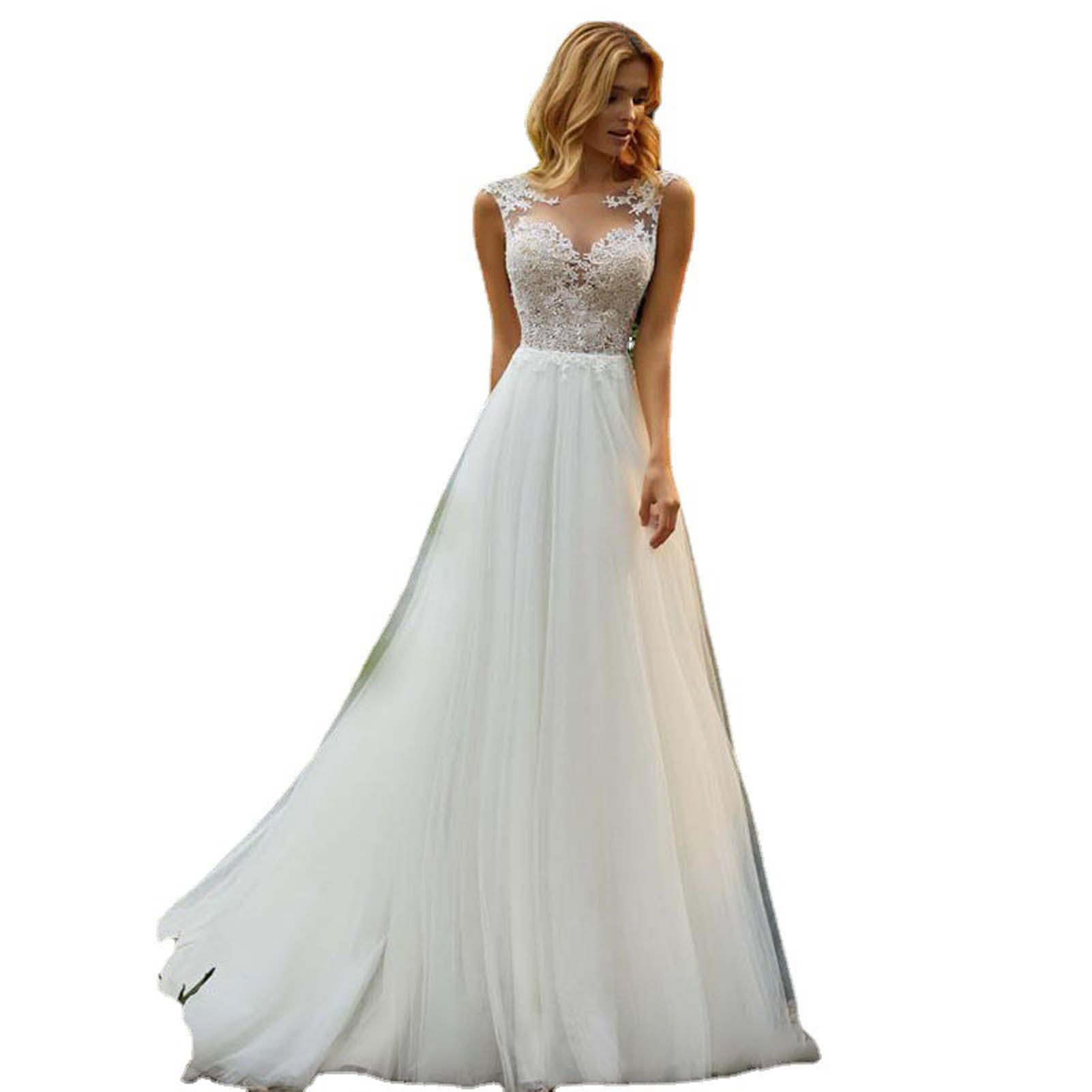 Abito da Sposa per Le Donne Scollo a V in Pizzo Senza Maniche Abito da Sposa, Bianco, 18 Large Sizes