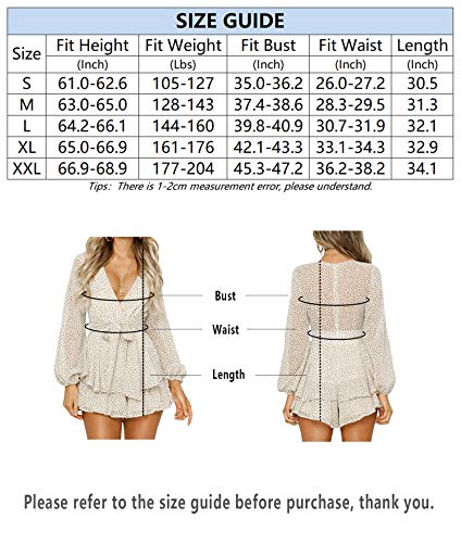 Relipop Women's Polka Dot Jumpsuits Deep V-Neck Long Sleeve Knot Front Ruffle Hem Floral Rompers Beige