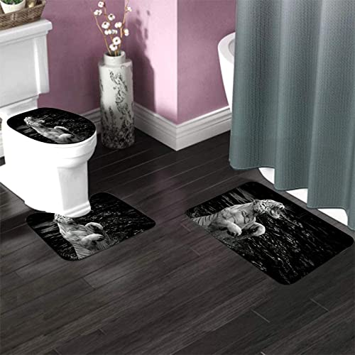 Badezimmerteppich-Set, 3-teilig, weißer Tiger-Kunstdruck-Hintergrund, waschbare Badteppiche, rutschfest, mit Rückenpolster, Konturteppich und Toilettendeckelbezug – Bild 4