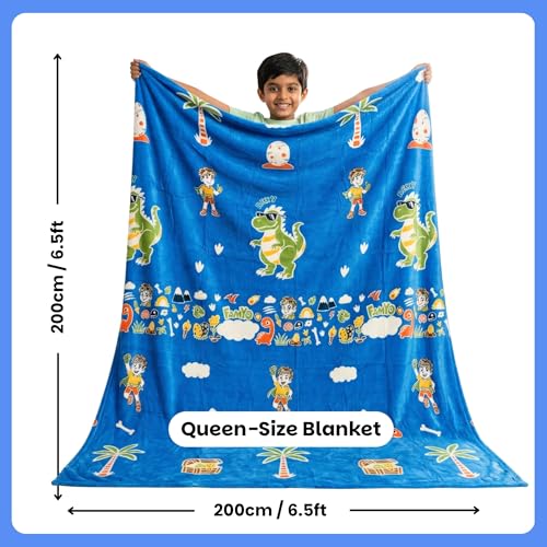 Image of Famyo GlowMaxx Glow Blanket for Kids - Rexy the Dino | 0-15 Yrs | 200x152 cm Double Bed Blanket | Soft Flannel Blankets for Winter | Ideal Gift for Kids Room Decor | Lab-Tested & Safe, (Blue)