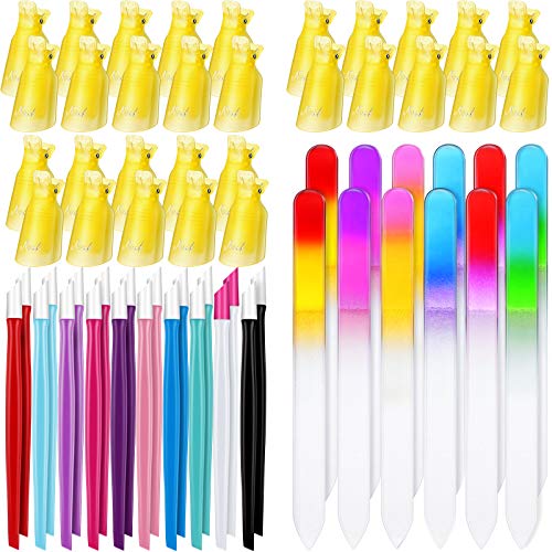 62 Pieces Glass Nail Files Plastic Handle Cuticle Pusher and Plastic Nail Polish Remover Clips Caps, Buffer Manicure Tools Rubber Handle Fingernail File Set (14 x 1.2 x 0.3 cm, Gradien Color, Yellow)