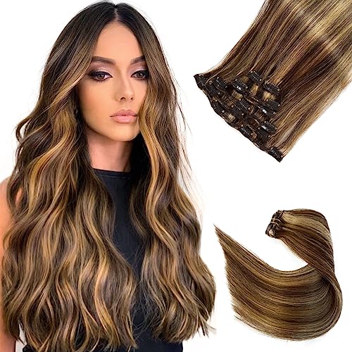 Clip in Hair Extensions, Chocolate Brown with Caramel Blonde Highlights Human Hair Extensions Clip in 15Inch, Remy Real Hair Extensions 7 Pieces 70g #4-27 Clip on for White Women
