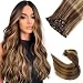Clip in Hair Extensions Medium Brown with Strawberry Blonde Highlights Human Hair 7 Pieces 70g Clip on for Full Head Silky Straight Weft Remy Real Hair (15 inches, #4-27)