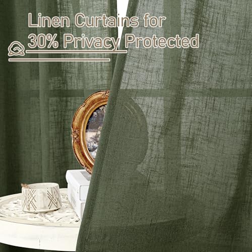 LAMIT Kitchen Semi Sheer Linen Curtains 24 Inch Long, Light Filtering Panels Back Tab and Rod Pocket Neutral Drapes for Cafe/Bathroom/Small Window, Olive Green, 2 Panels, 34 x 24 Inch