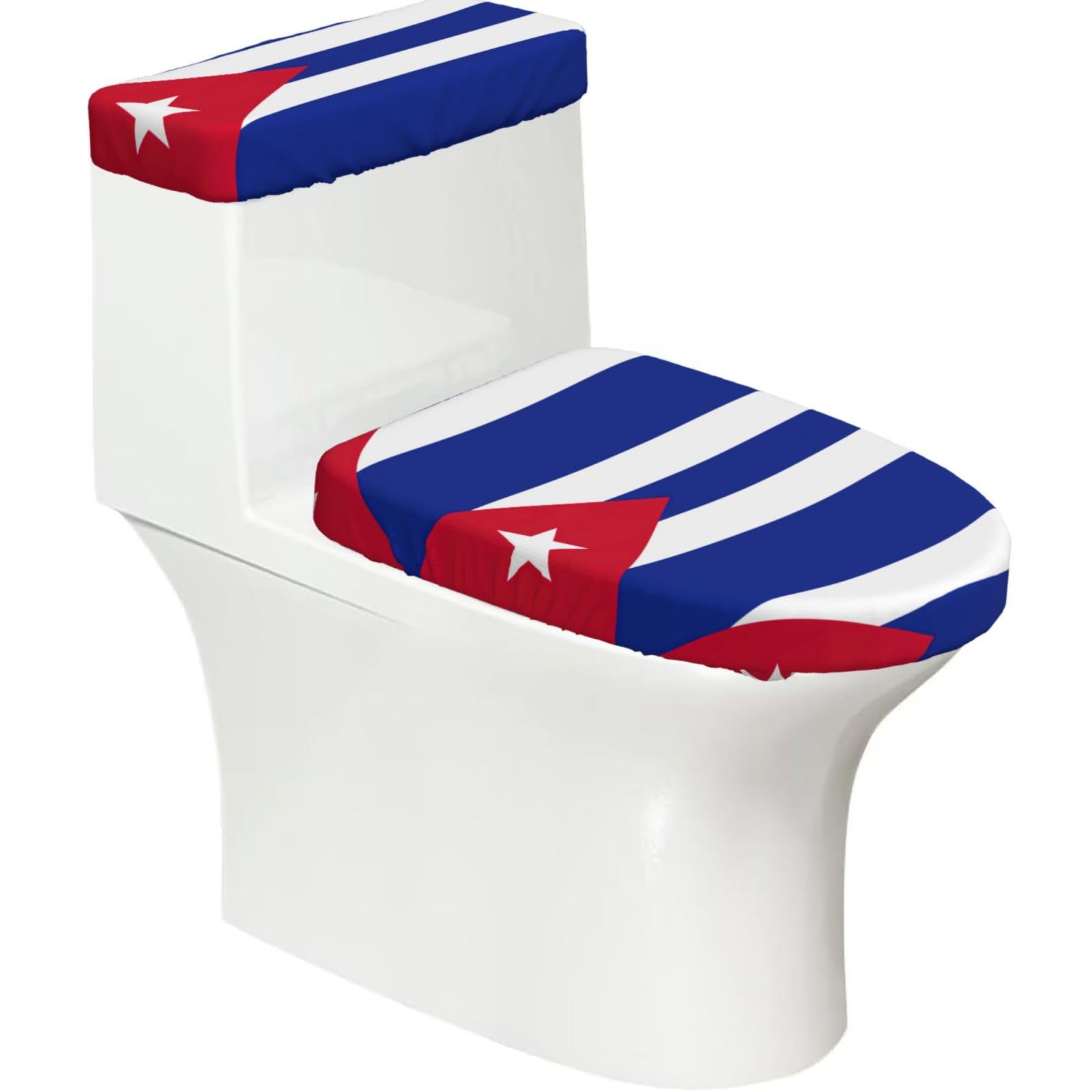 Cuban Flag Print Cozy Toilet Seat Warmer Cover Set Stretch Tank Lid Cover Bathroom Essentials For Most Toilets