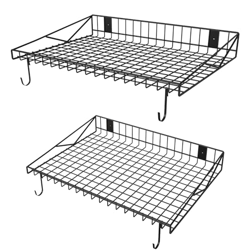 2 Pack Garage Wall Shelf, Garage Wall Mounted Shelving, Heavy Duty Floating Shelves With 4 Hooks, Loads 90 LBS Black Wall Shelves Mesh Storage Rack for Office, Basement, Wall Cabinet and Kitchen