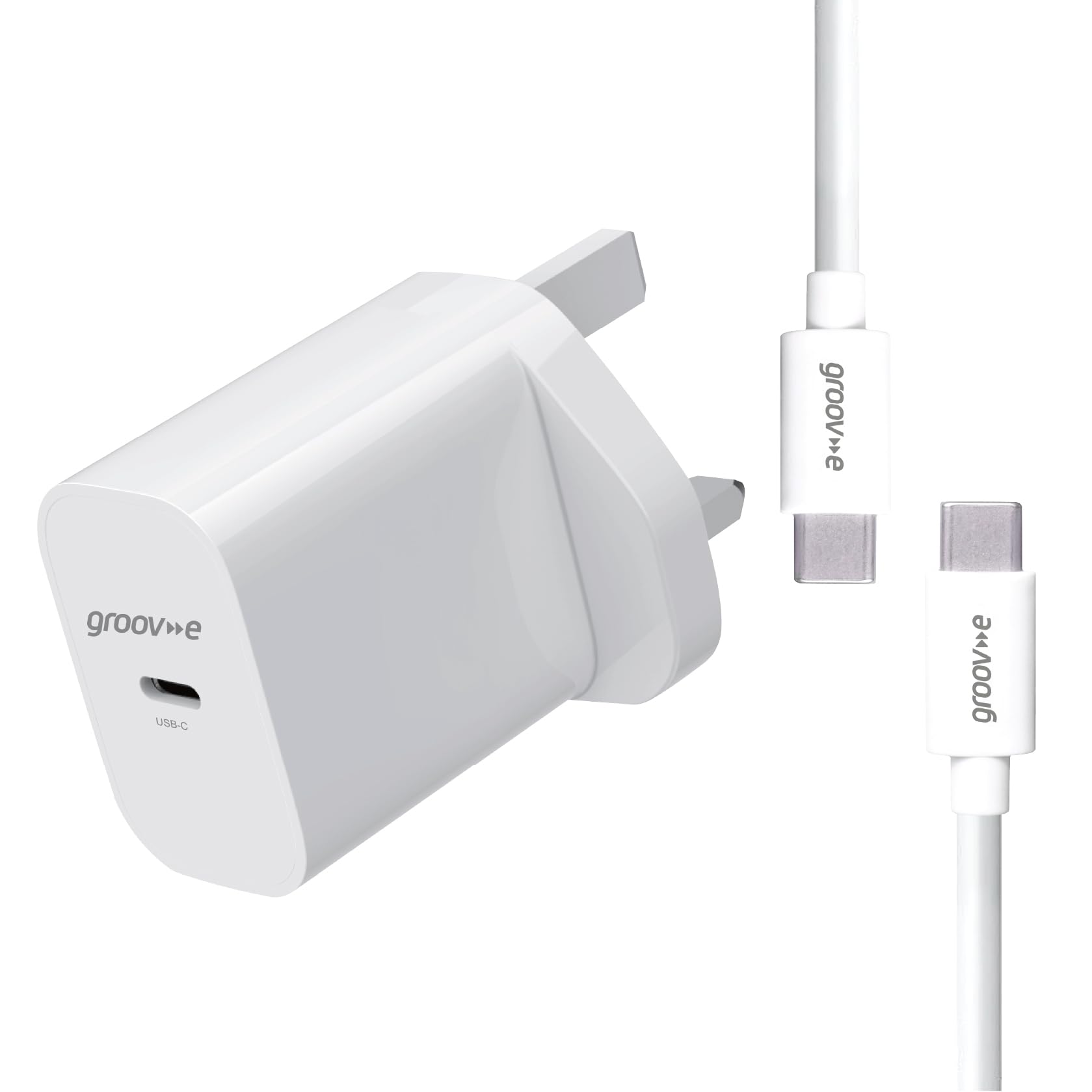 Groov-e USB-C Wall Charger 25W with USB-C to USB-C Cable Bundle - GaN UK Plug Power Delivery Fast-Charge Adaptor and Cable Included for Smartphones and Tablets - White