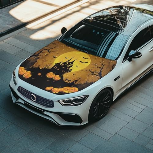 Image of Halloween Bat Castle Print Car Hood Cover Stretchable Auto Hood Wrap Blankets Waterproof Automotive Halloween Outdoor Decorations for Compact Sedans SUV Trucks Van