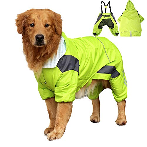 Dog Raincoat for Large Dogs Hooded Removable with Reflective Stripes Waterproof Rain Coat