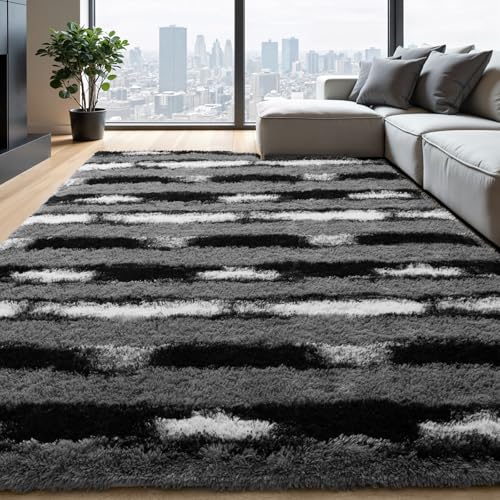 Zentavio Area Rugs for Living Room Large Rugs for Bedroom 6x9 Carpet Fluffy Fuzzy Soft Shag Aesthetic Plush High Pile Throw Rug for Nursery Kids Room Dorm Vertical Stripes Black White