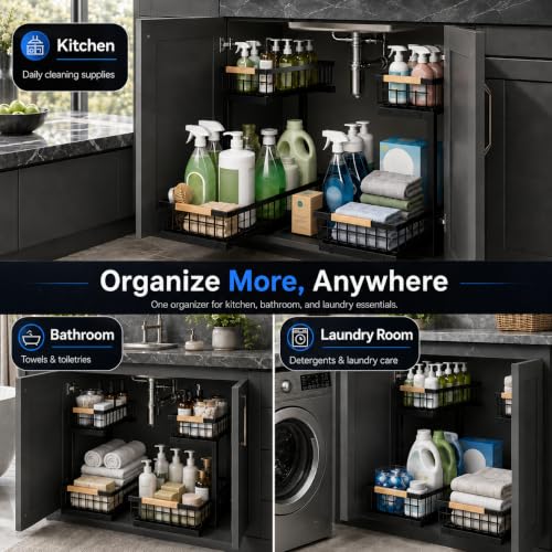 Image of Under Sink Organizer 2 Pack, Double Slide Out Metal Shelf, Black