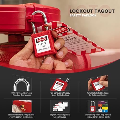 Image of Lockout Tagout Locks 6-Pack|OSHA Red Loto Locks Keyed Different|2 Keys /Lock for Industrial Machinery & Electrical Panels|Chrome Steel & Laser Coding