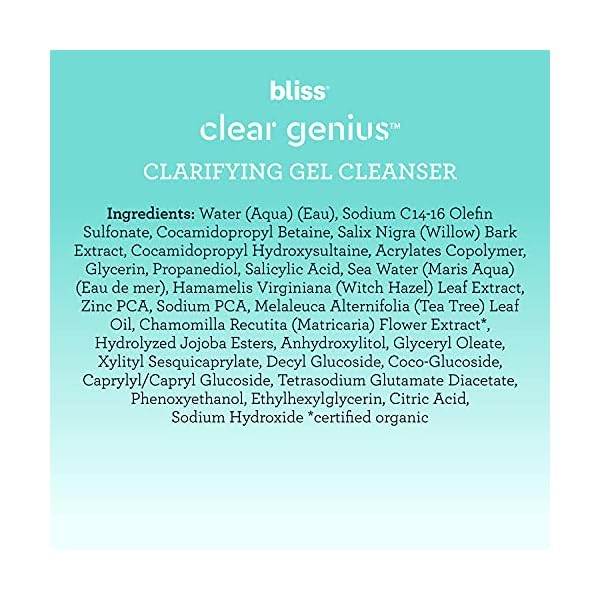 Bliss Clear Genius Clarifying Gel Cleanser â 6.4 Fl Oz â Salicylic Acid BHA to Purify Pores, Remove Excess Oil & Dirt â Non-Drying, Vegan & Cruelty-Free â Tea Tree Scent â Suitable For All Skin Types
