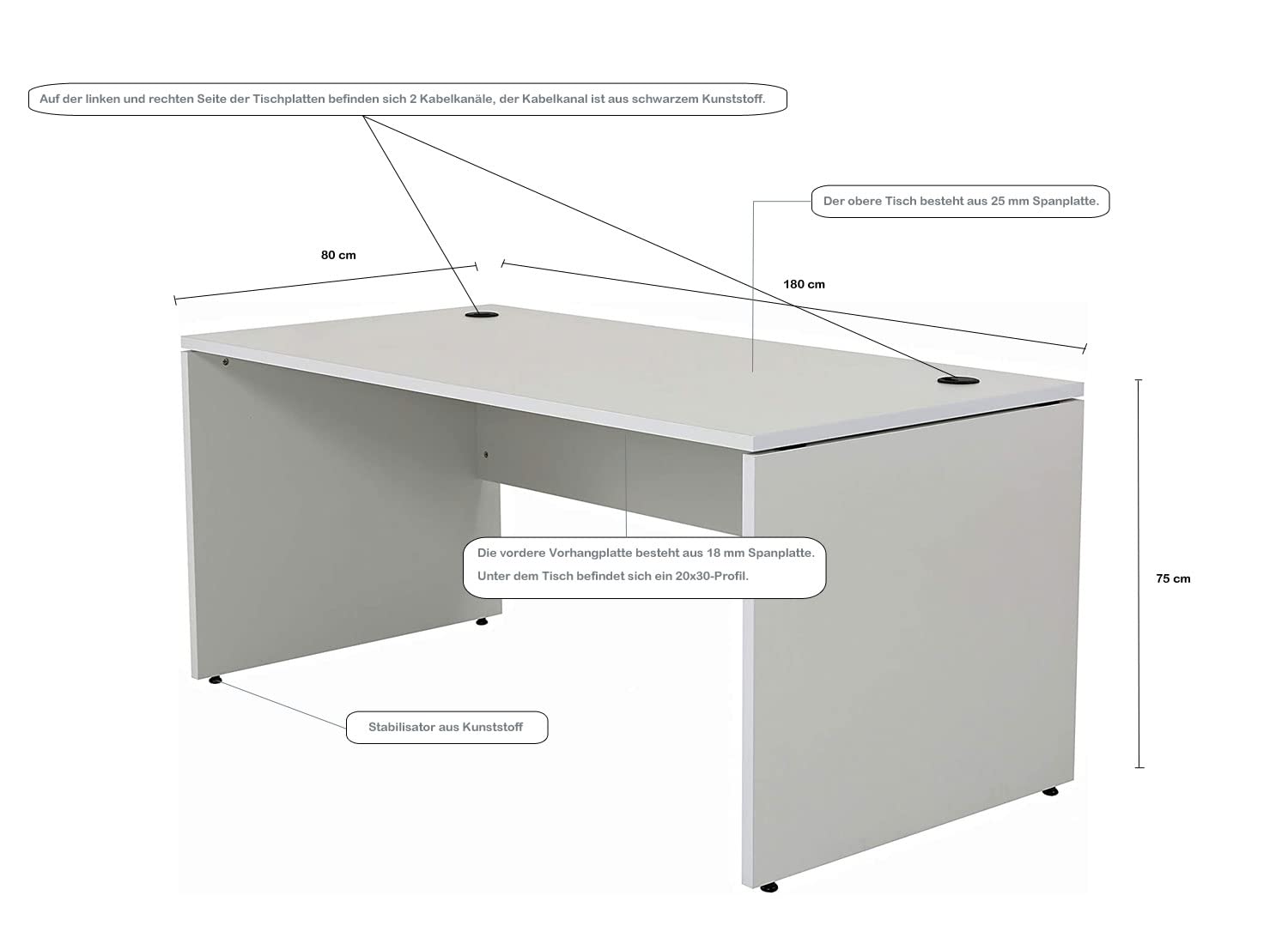 Großer Schreibtisch Für Home Office & Arbeitszimmer – 180 Cm Breite, 2 Kabeldurchlässe, In Saphir-Eiche