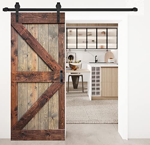 K Series 38in x 84in Solid Wood Finished Sliding Barn Door with Hardware Kit (Simple DIY Assembly) (Brown/Walnut)