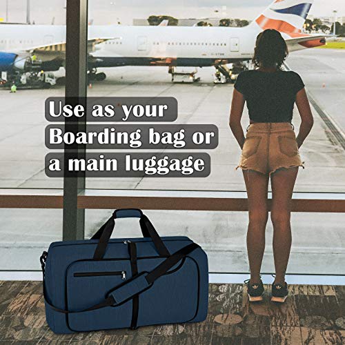 Travel Duffel Bag 80L Foldable Weekender Overnight Bags for Men Women Waterproof Sports Gym Bag with Shoes Compartment Holdall Weekend Bag Blue