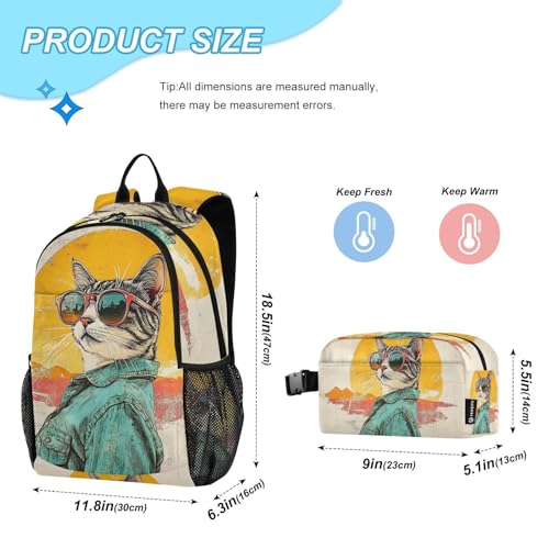 Travel Backpack Lunch Bag Set for Hiking Picnic, Backpacks with Insulated Lunch Box Fashion Cat Print2