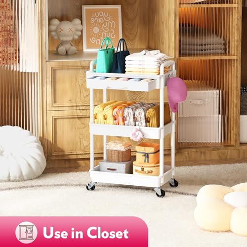 Image of SUNALLY Makeup Cart Organizer with Drawer,3 Tier Rolling Makeup Cart, White
