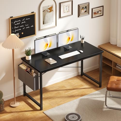 Image of OLIXIS Computer Desk, 55 Inch Gaming Desks for Home Office Small Spaces | Writing Study Craft Work Table, Computer Workstation for Bedroom with Storage Bag, Black