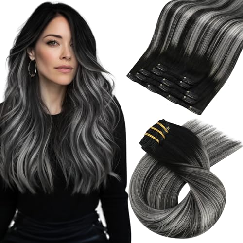 Image of Moresoo Black And Silver Human Hair Clip in Extensions Balayage Natural Black to Silver Grey Hair Extensions Real Human Hair Clip ins Remy for Women Double Weft 80g /5pcs 16 in