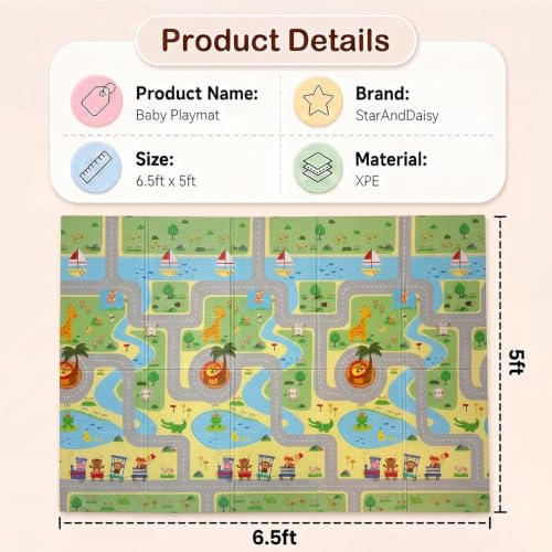 Image of StarAndDaisy Foldable Baby Play Mat 5 x 6.5 ft, 6MM Thick XPE Foam Playmat, Reversible 2-in-1 Design, Lightweight Cushioned Floor Mat for Crawling, Playing & Learning