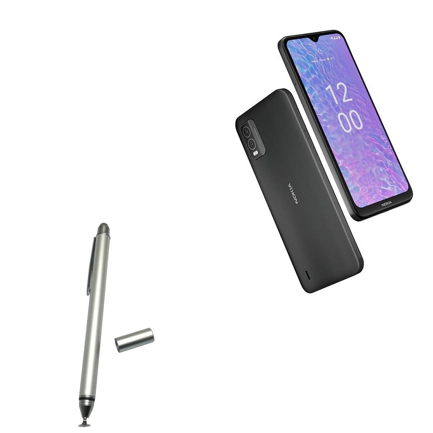 BoxWave Stylus Pen Compatible with Nokia C210 TA-1584 (6.3 in) - DualTip Capacitive Stylus, Fiber Tip Disc Tip Capacitive Stylus Pen - Metallic Silver