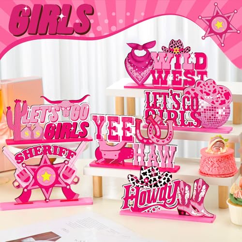Image of CroBlissful 6 Pcs Western Cowgirl Party Decorations Wooden Let's Go Girls Table Centerpieces Pink Disco Cowgirl Table Decor for Western Girl Birthday Bachelorette Spring Rodeo Party Supplies