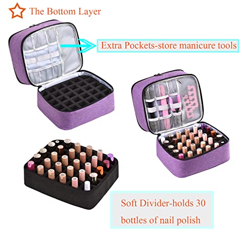 Nail Polish Organizer Holds 30 Bottles (15ml) and 1 Nail Light Nail Polish Carrying Case with Storage Pockets for Manicure Tools Double Layer Nail Storage Travel Bag with Handle (A-Purple) by CTWWFS - Image 4