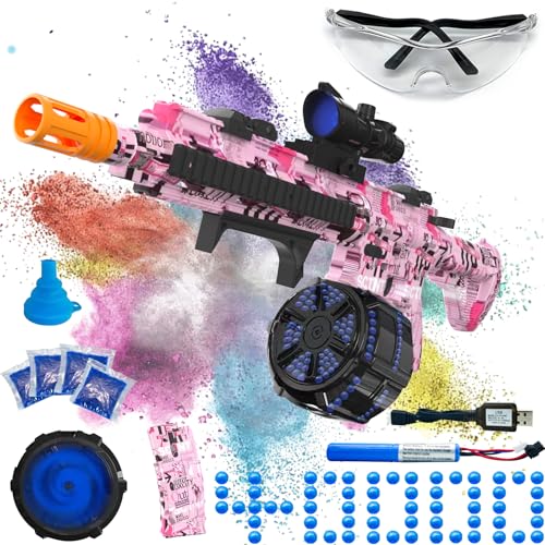 Electric Gel Ball Blaster, High Speed Automatic Splatter Ball Blaster with 40000+ Water Beads & Goggles, Rechargeable Splatter Ball Toys for Outdoor Shooting Game Party Favors-Pink