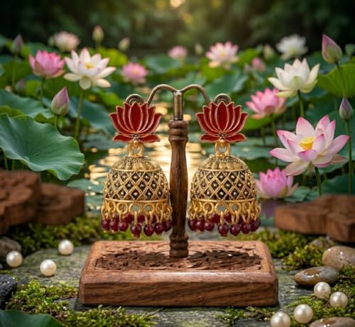 Image of OnlyKing Traditional Lotus Meenakari Jhumka Earrings for Women & Girls | Gold Color Oxidised Ethnic Floral Jhumki | Temple South Indian Style Ear rings Set | Stylish Trending Big Colorful Jhumkas (Available in 12 Colors)