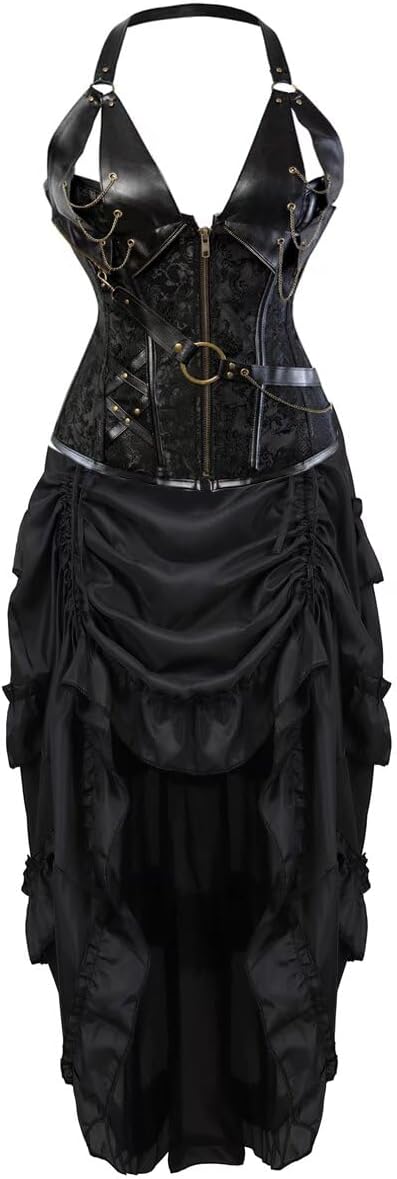 Corset Dress Steampunk Leather Bustier Top Skirt Set Gothic Pirate Victorian Burlesque