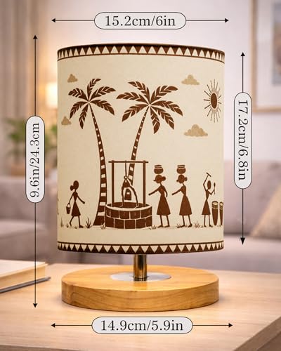 Image of Homesake Pine Table Lamp Wooden Bedside Lamp Simple Bedroom Light Linen Shade Mini Desk Lamp Nightstand Lamp for Bedroom, Living Room, Gift, (Warli Art of India Shade Cylinder)