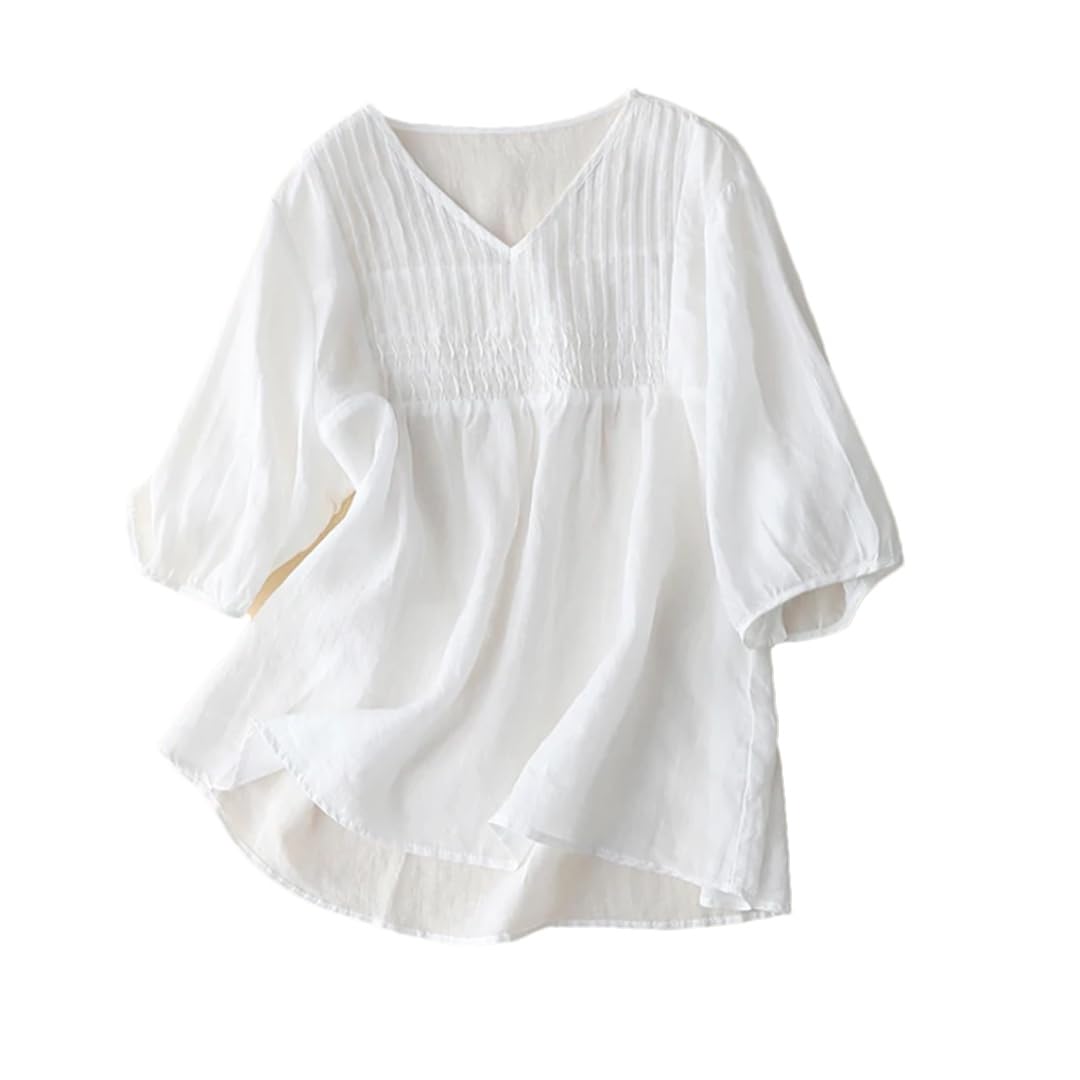 Wvapzxx Camicetta estiva da donna in cotone e lino con scollo a V mezza