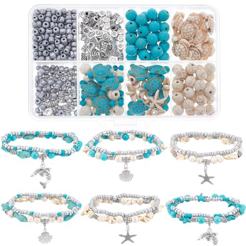 SUNNYCLUE 1 Box DIY 6 Sets Summer Beach Bracelet Making Kit Bohemian Double Layered Bracelet Turtle Starfish Bead Fish Dolphin Charms Hawaii Sea Animal Charm Glass Beads for Jewelry Making Kits Women