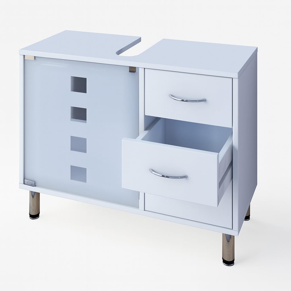 VCM Holz Waschbeckenunterschrank | Badschrank | Maße: H. 58 x B. 67 x T. 30 cm | 1 ESG-Sicherheitsglastür | 3 Schubladen | modernes Badezimmermöbel - Darola